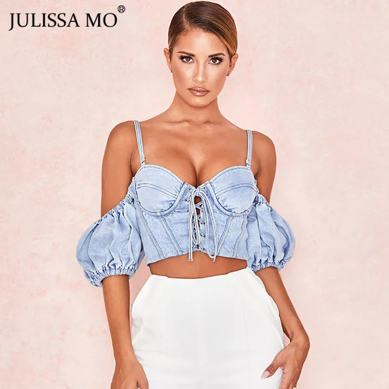 Небесно-голубой JULISSA MO джинсовый сексуальный бандажный укороченный топ женские модные синие джинсы с пышными рукавами Свободная безрукавка ковбойская майка уличная Бюстье Топы - Цвет: Небесно-голубой
