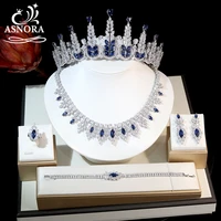 luxury bridal jewelry set green blue silver necklace bracelet ring bridal wedding accessories cz tiara crowns for women