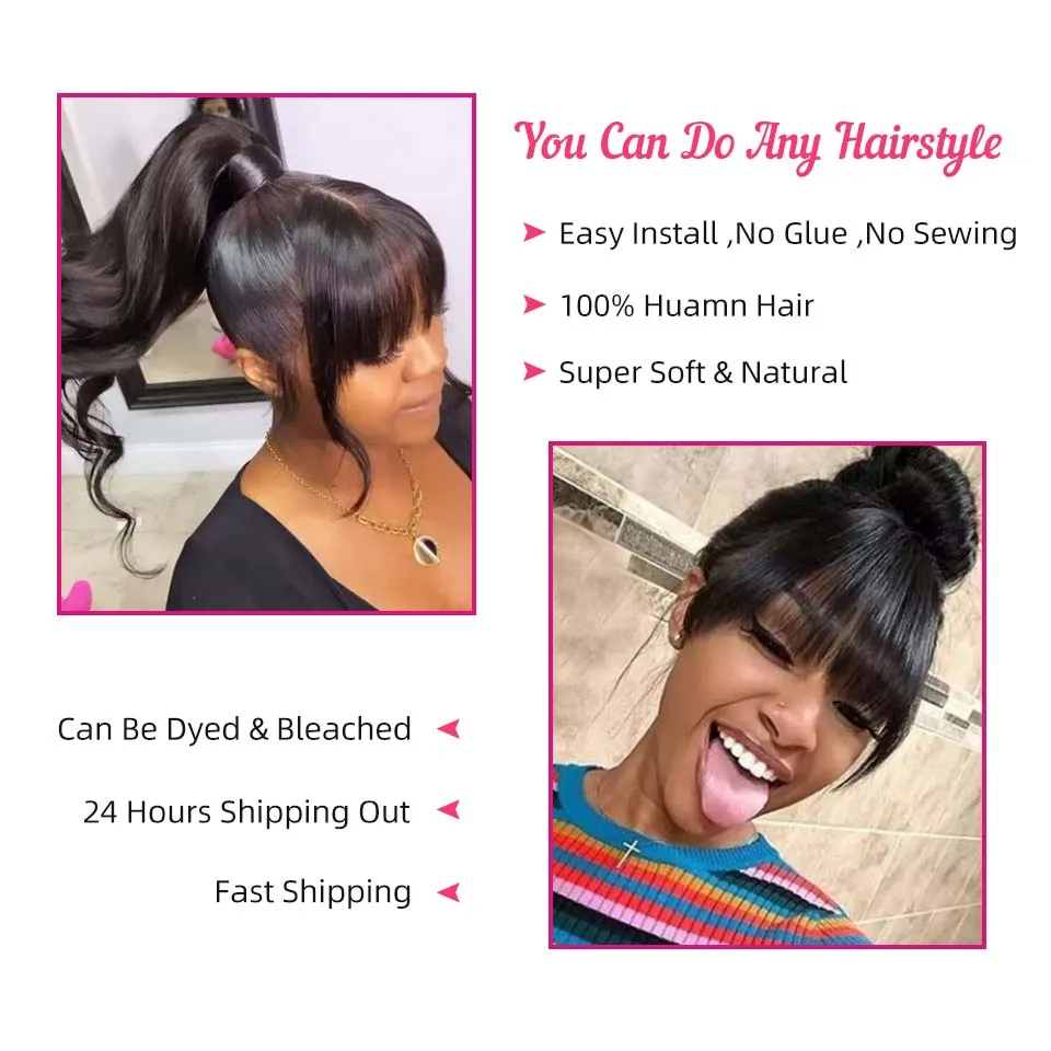 Straight Human Hair Wigs With Bangs For Women O Scalp Top Bob Wig Free Part Lace 10-18&quot Fringe | Шиньоны и парики