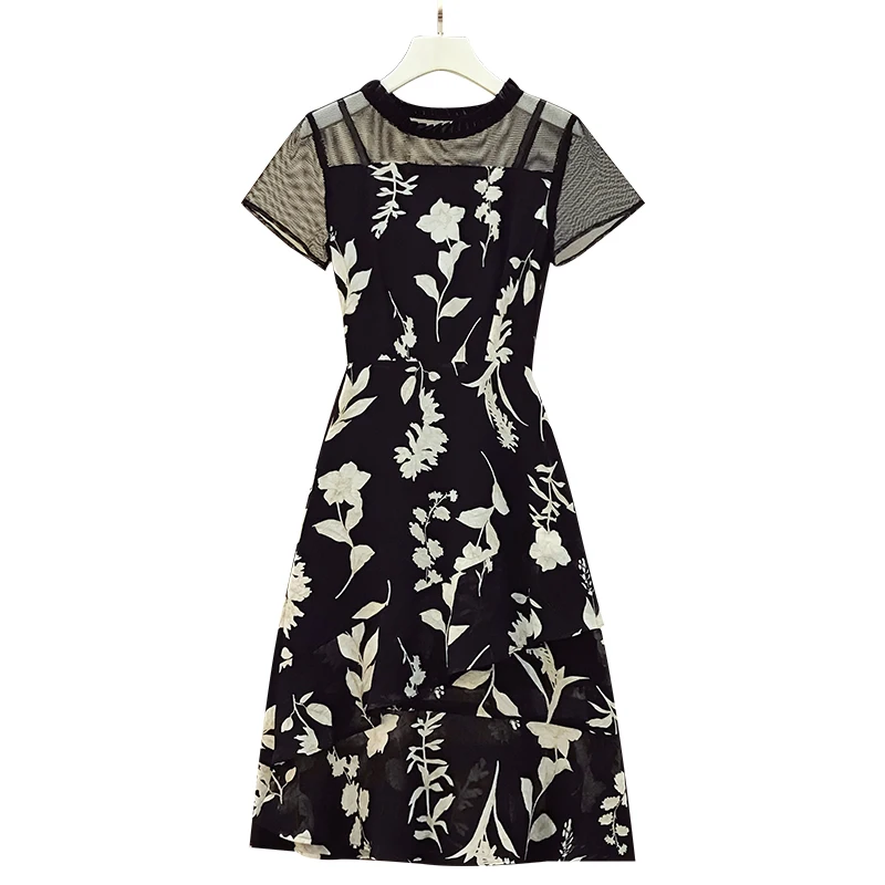 

Elegant Fashionable 2021 Summer Women's Plus Size Sexy Gauze Patchwork Floral Printed Black Dress Short Sleeves O-Neck Dresses