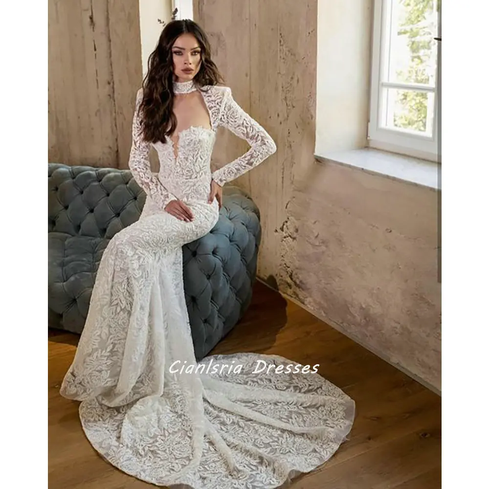

Gorgeous Full Sleeve Lace Mermaid Wedding Dress High Neck Open Back Vintage Bridal Gown Vestido De Novia