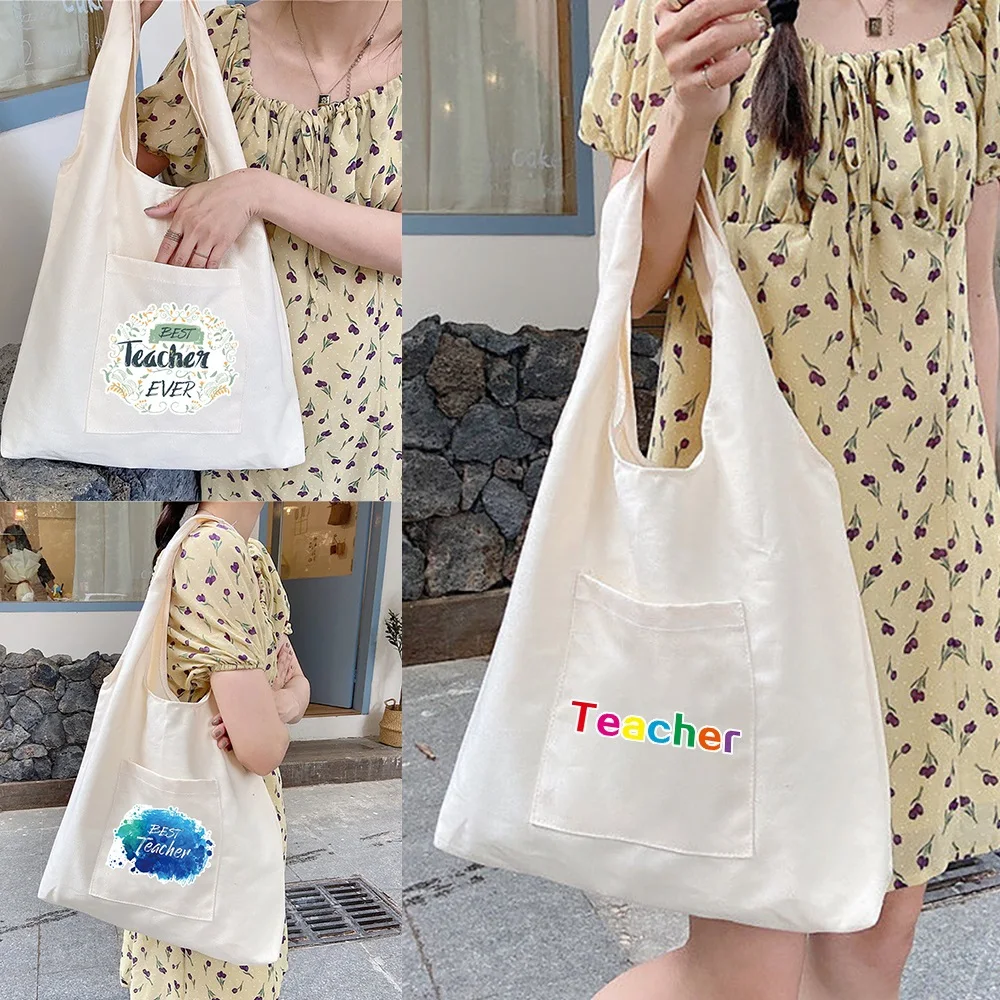 

Women's Shopping Bags Canvas Commuter Shoulder Vest Bag Large Reusable Grocery Handbags Printed Teacher Eco Tote Shopper Bag