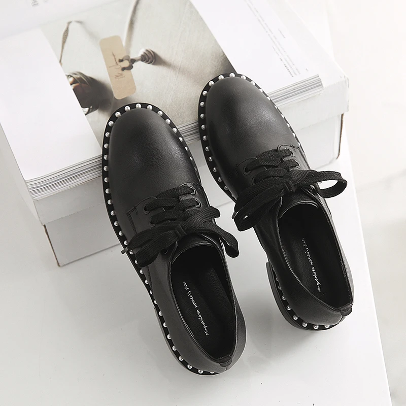 

2020 Spring Flats Women Oxford Shoes Lace-up Loafers Genuine Leather Women's Low Heels Footwear Female Round Toe Hoof Heel 34-40