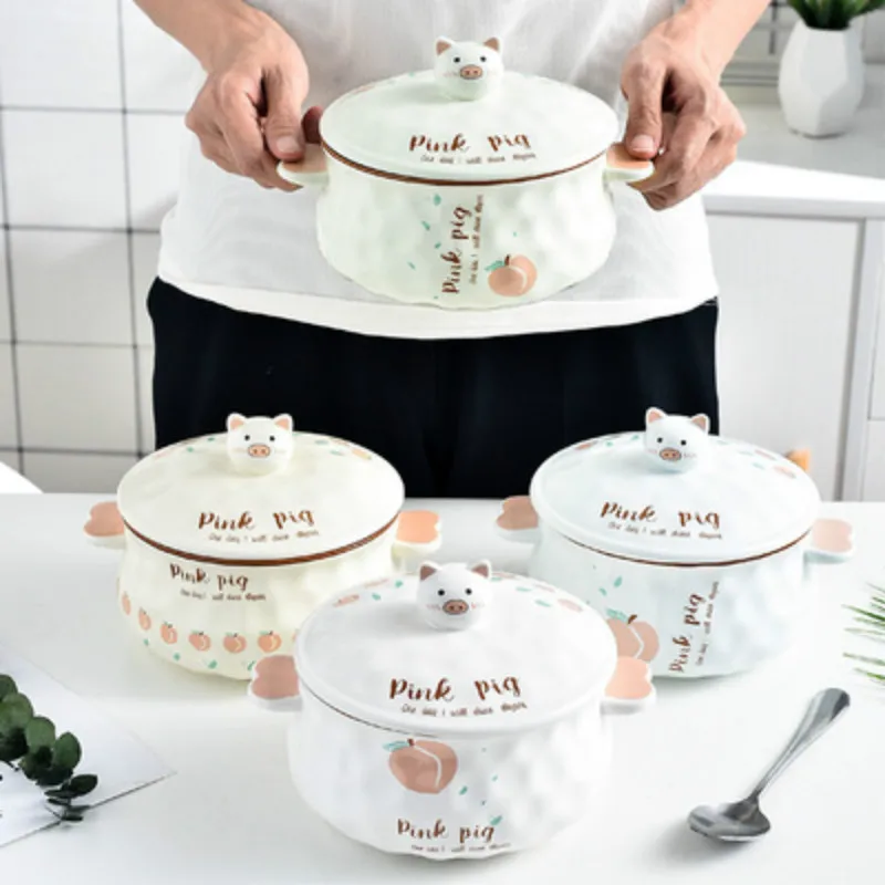 Милая керамическая чаша с крышкой вилка ложка для рамен риса салата закуска