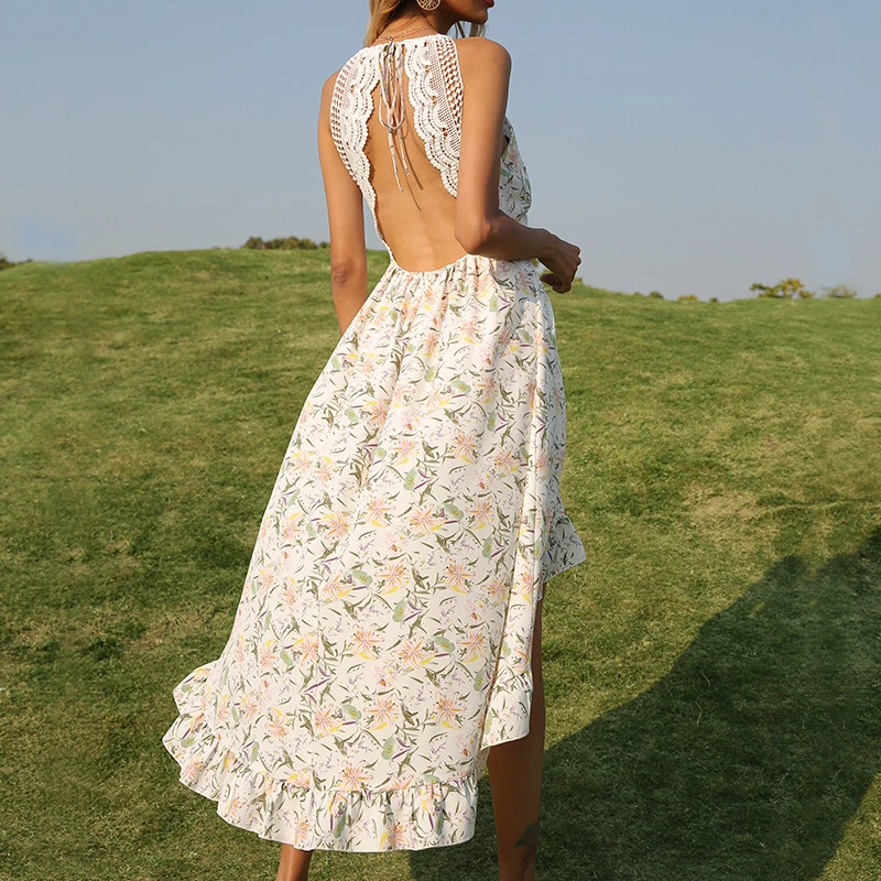 

Lace Patchwork Sexy Women Dress 2021 Summer Casual V-neck Print Spaghetti Straps Long Dress