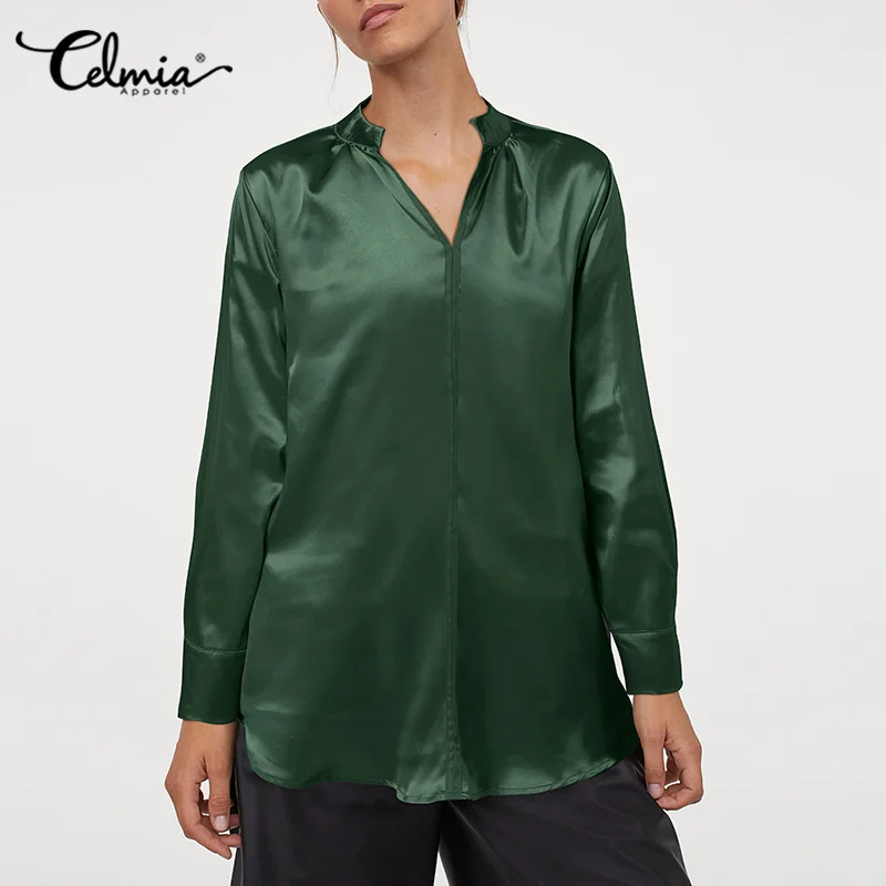 

Celmia Elegant Office Ladies Satin Blouse Women Casual Slik Tops Sexy V neck Long Sleeve Tunic Tops Blusas Oversized