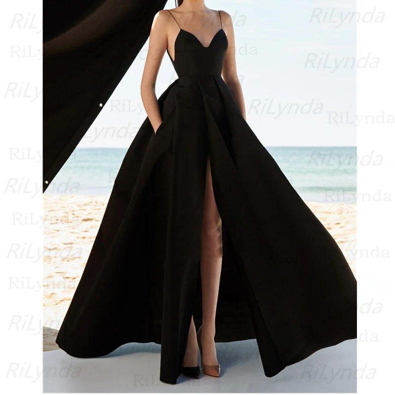 

Prom Dresses 2020 V neck Black High Split Tulle Sweep Train Sleeveless Evening Gown A-line Lace Up Backless Vestido De