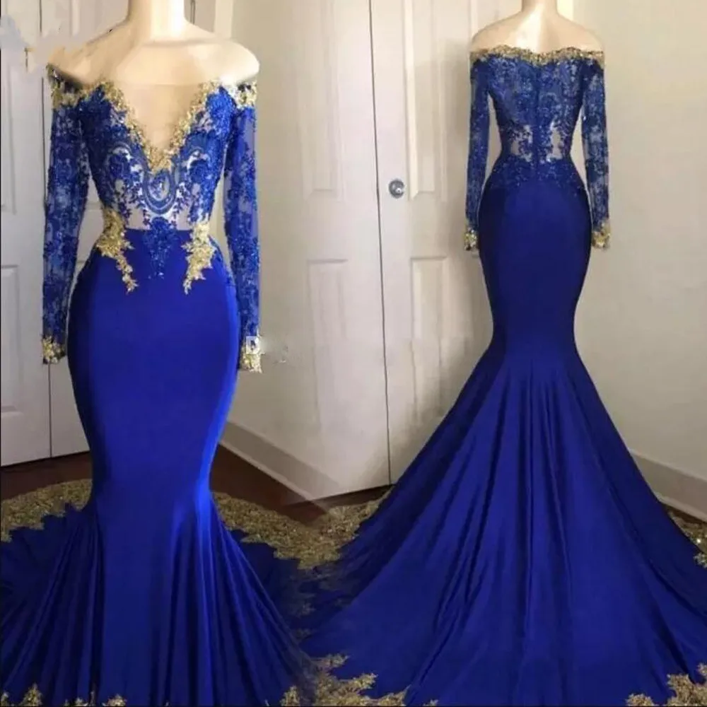 Elegant Royal Blue Mermaid Prom Dresses With Full Sleeves 2019 Sexy Long Lace Beaded Aso Ebi Nigeria Formal Dress | Свадьбы и
