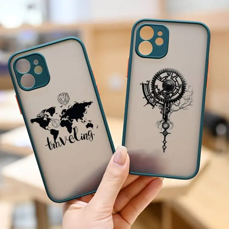 

World Map Compass Phone Case Dark green matte transparent iPhone 7 8 x xs xr 11 12 pro plus max mini