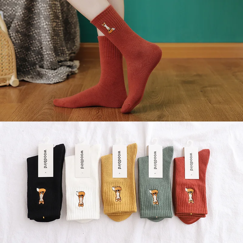 Autumn Winter Women Socks Cartoon Animal Fox Embroidery Cute Sock for Woman Solid Cotton Harajuku Streetwear Christmas Sock