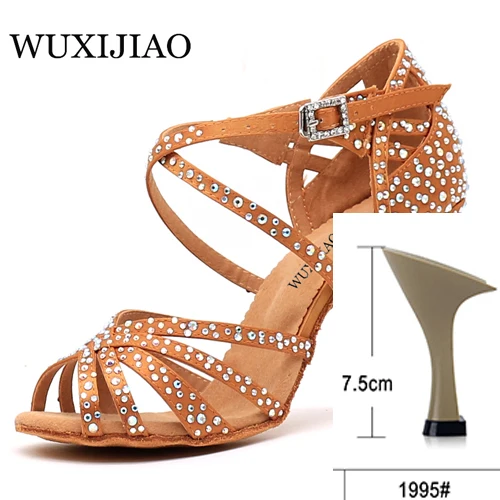 bronze heel 7.5cm WUXIJIAO Женская танцевальная обувь для вечеринки Атласная блестящая обувь для латинских танцев с мягкой подошвой и стразами Женская обувь для сальсы heel5CM-10CM - Цвет: bronze heel 7.5cm