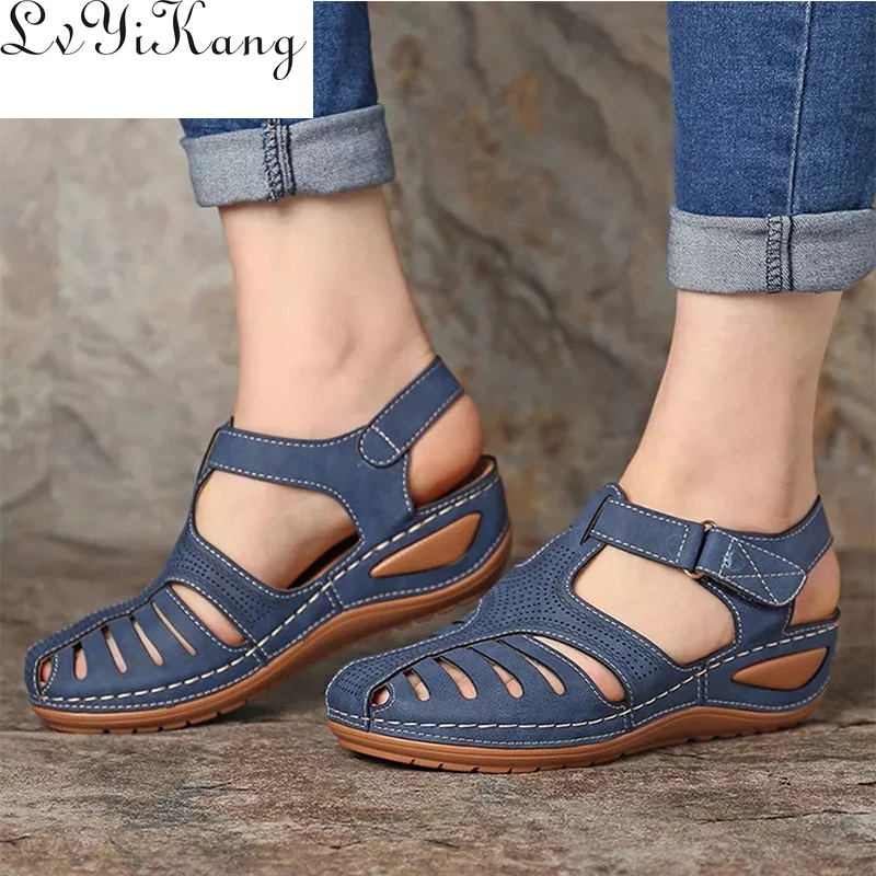 

2019 Woman Summer Leather Vintage Sandals Buckle Casual Sewing Women Shoes Solid Female Shoes Ladies Platform Shoes Plus 34-44