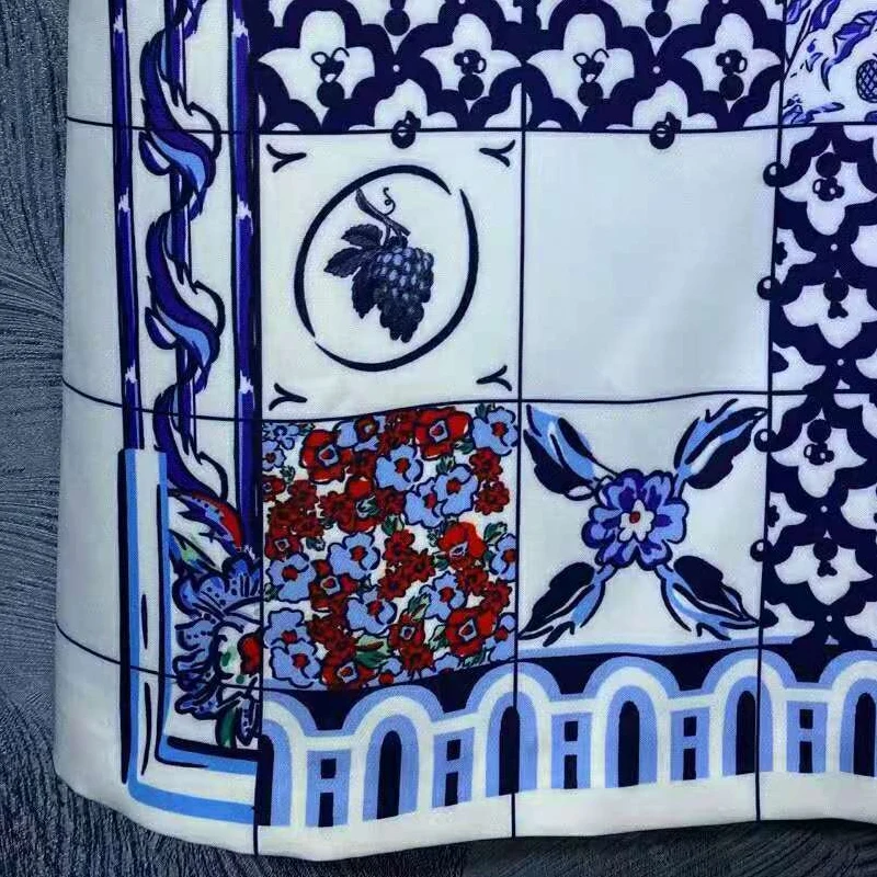 

SEQINYY Mini Dress Vintage Flowers Blue Print Luxury Crystal Summer Spring New Fashion Design Women Runway High Quality Straight