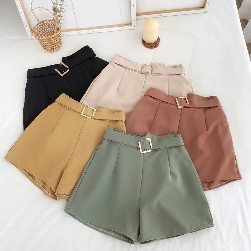 Корейские летние шорты с поясом женские однотонные высокой талией свободные