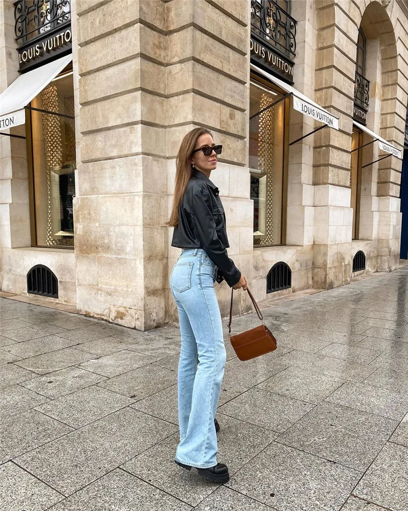 

New Womens Loose Short Casual Leather Jacket Black Long Sleeve Button Open Lapel Jacket With Pocket