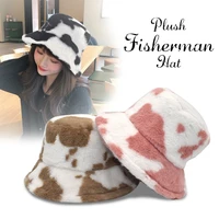 autumn plush faux fur lovely cow printing womens winter bucket hats thick warm girl japanese panama outdoor travel fisherman hat