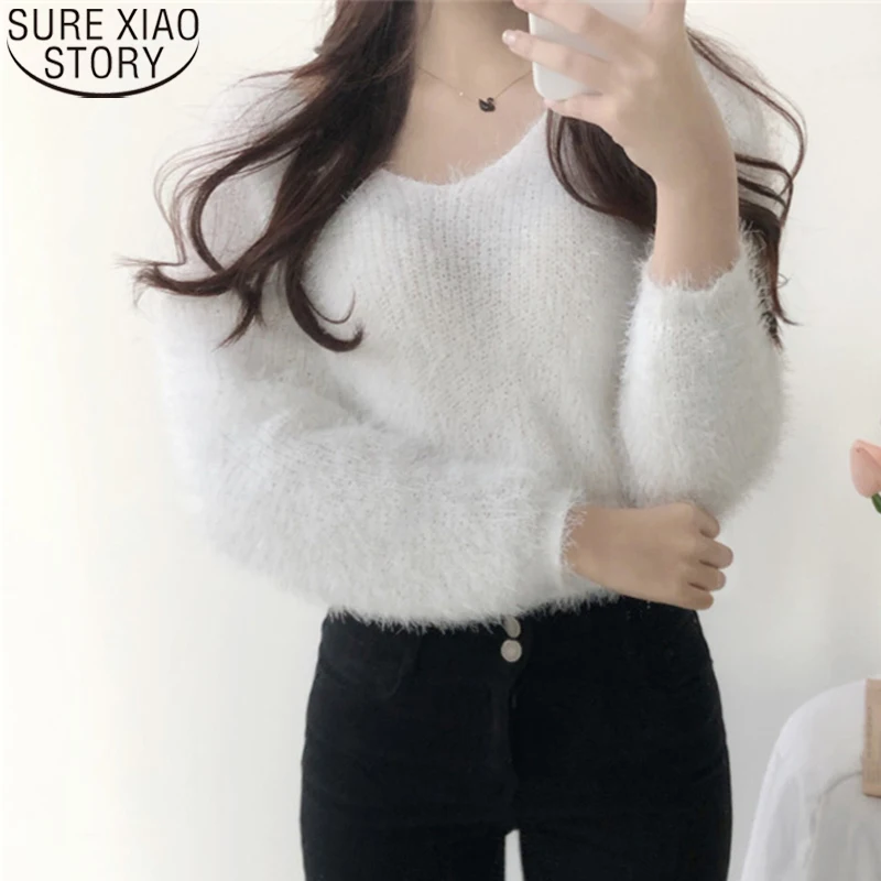 

Casual Loose Sweaters Elegant Knitted New Sweater Women Autumn Winter Korean 2022 V-neck Loose Pink White Pullover Sweater 17857