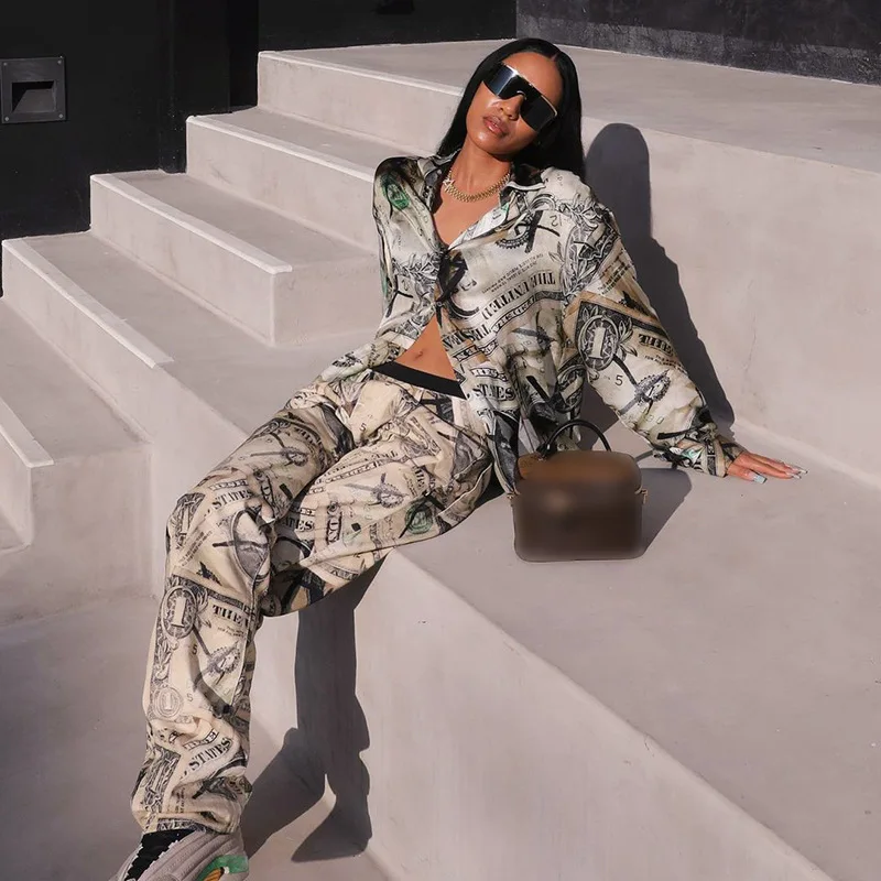 Женские брюки с принтом доллара крутая рубашка на пуговицах отложным воротником