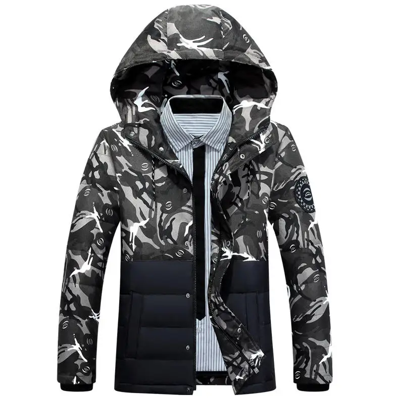 

2021 New Fashion Men's Short Down Jacket Korean Casual Fashion Camouflage Men's Hooded White Duck Down Jacket