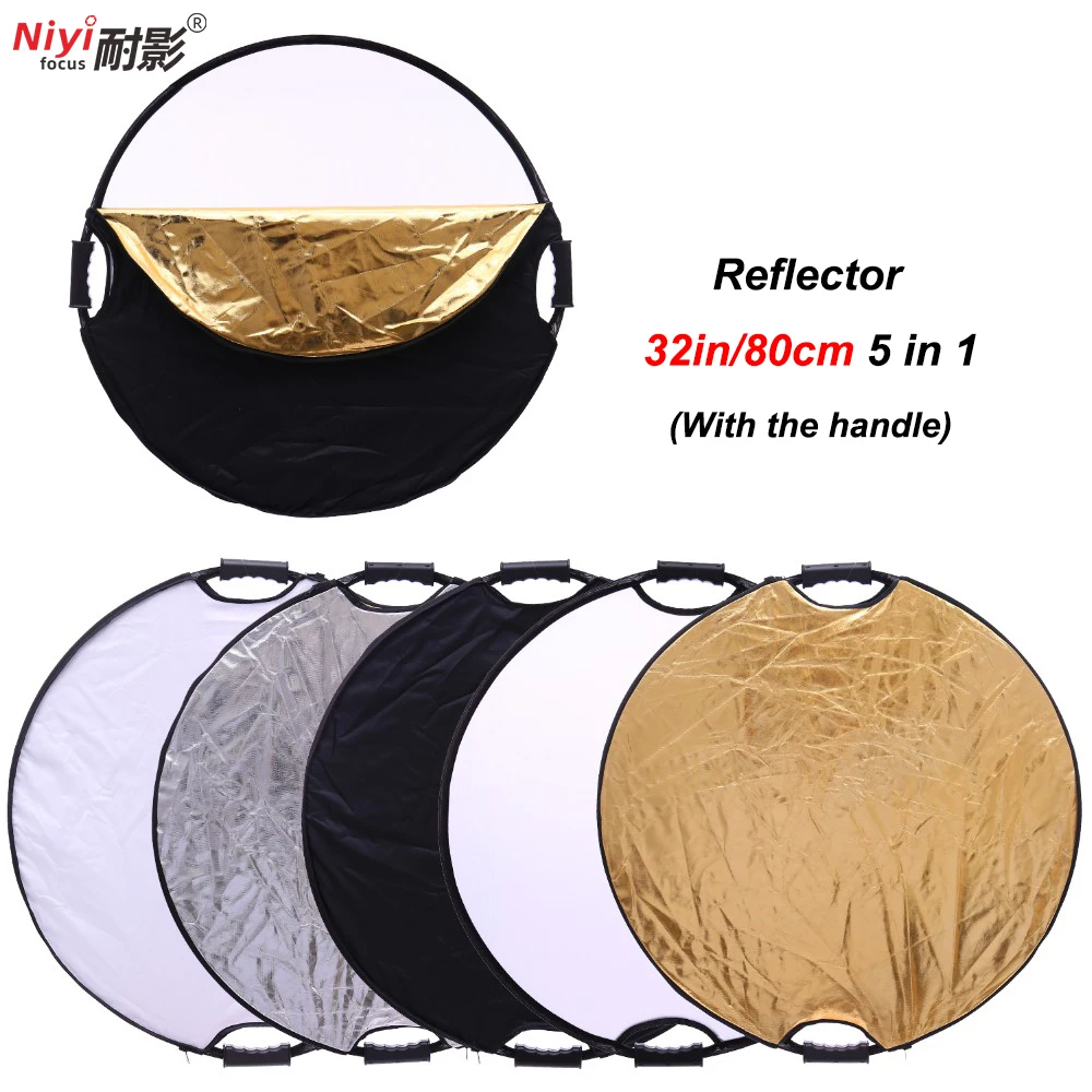 

32'' 80cm 5 in 1 Round Reflector Portable Collapsible Light Photography With Plastic Handle For Outdoor/Studio Multi Photo Disc