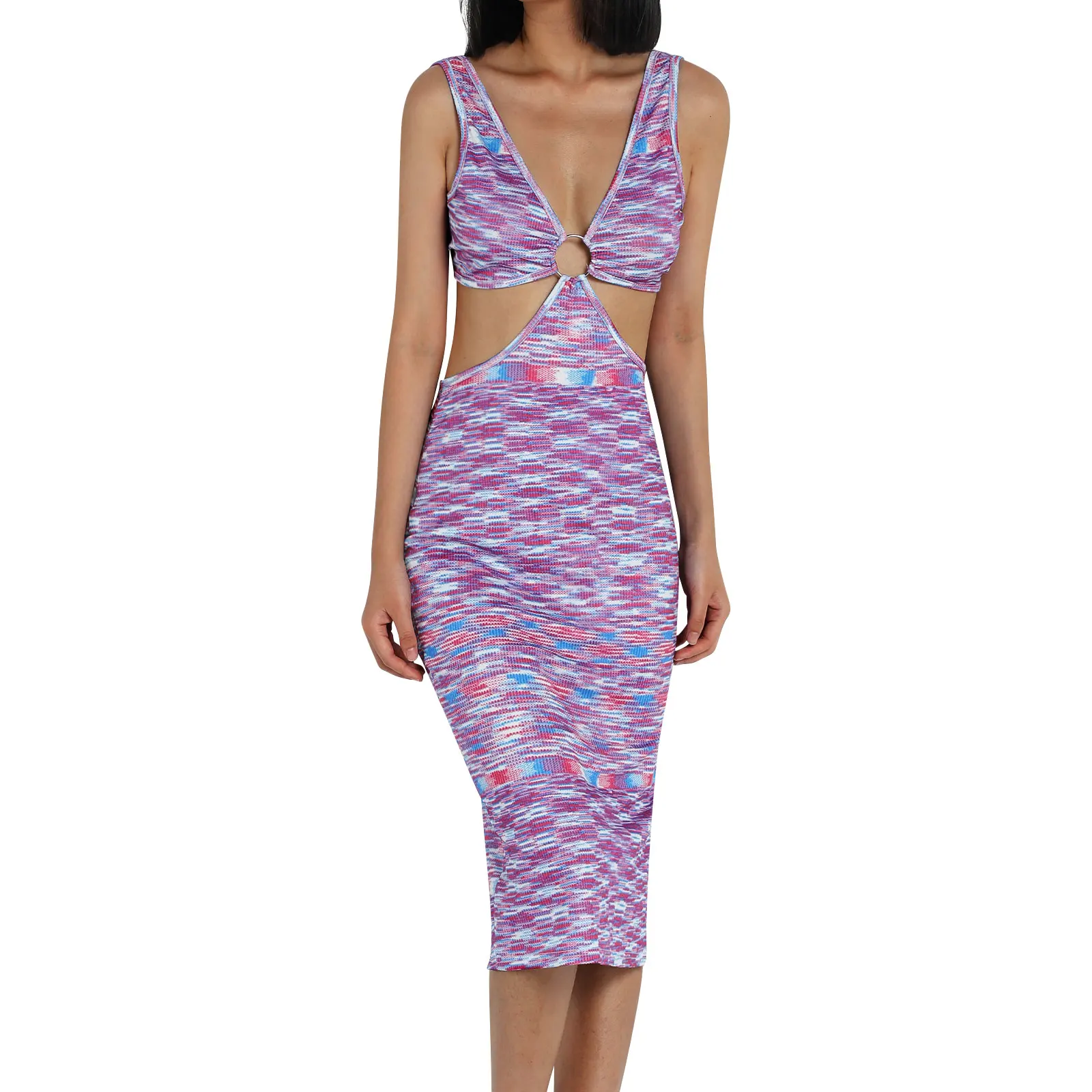

2021 Ladies Summer Skirts, Splicing Printing Deep V-Neck Sleeveless Hollow-Waist Sheath Dress for Girls, Purple