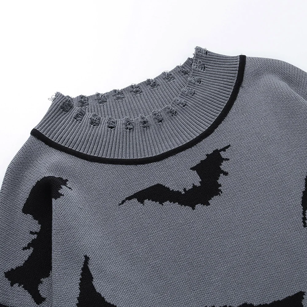 

2021 Harajuku Knitted Sweater Women Tops Winter Pullover Gothic Bat Animal Print Gray Long Knitwear Fashion Ripped Sweaters