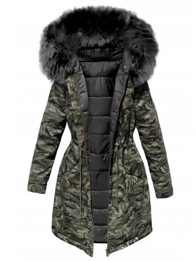 

Warm Fashion Zipper Cardigan Winter Warm Outdoor Camouflage Hooded Long Cotton Jacket Women