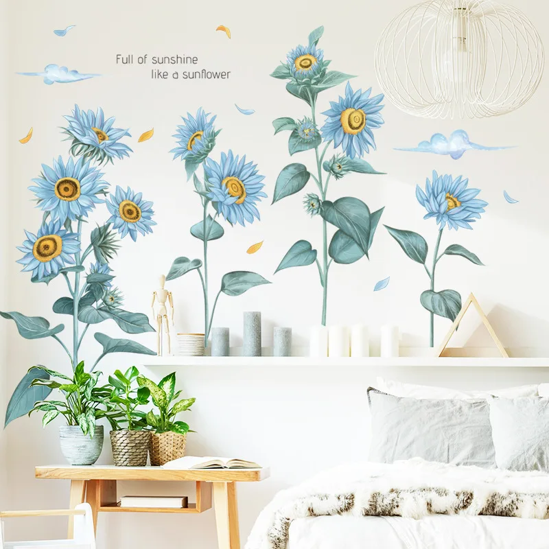 Blue Sunflower Wall stickers for Living room Bedroom Sofa Background Decor Vinyl PVC Decals Art Murals Home Decoration | Дом и сад