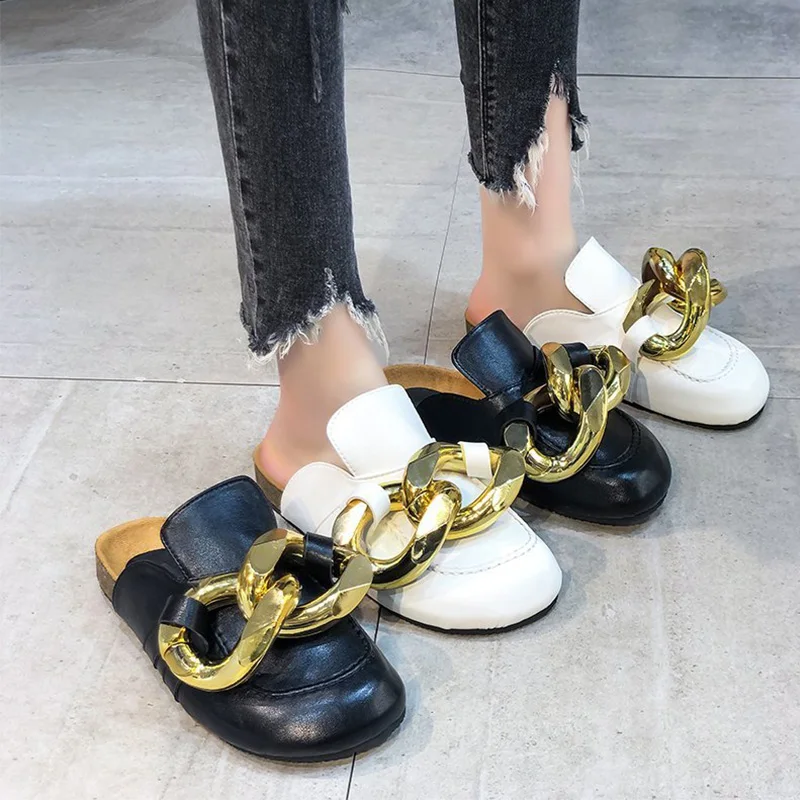 

Shoes Mules For Women 2021 Female Slippers Rivet Cover Toe Luxury Slides Low New Designer Flat Soft PU Rubber Basic Fashion Rome