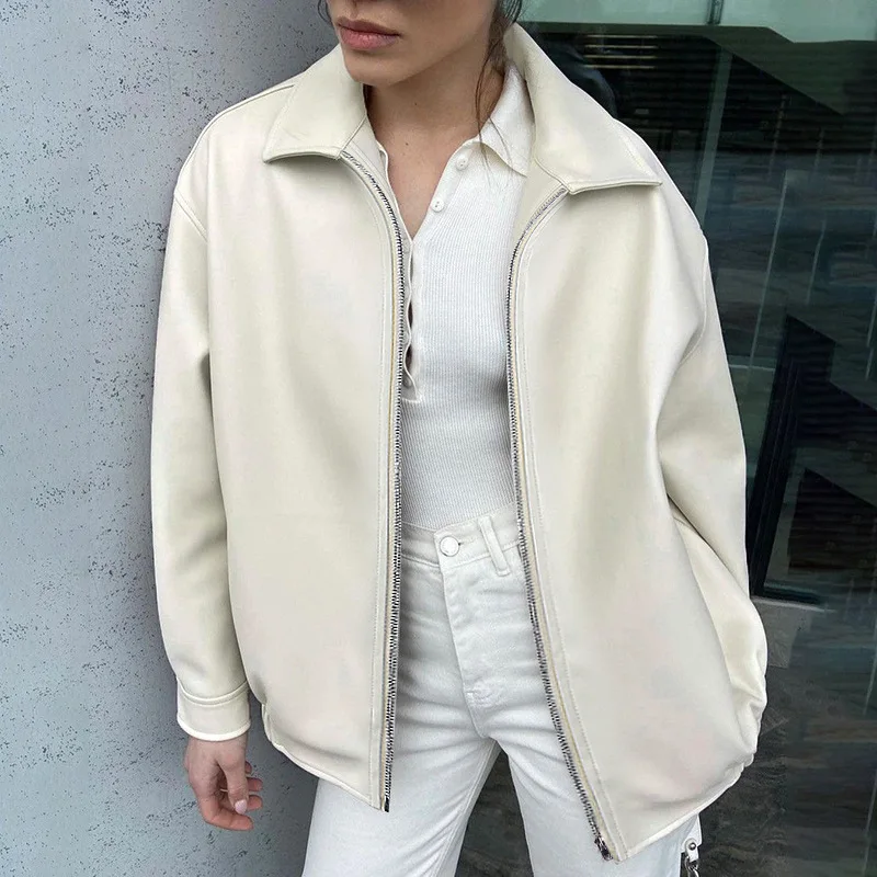 Autumn New Simple Cardigan PU Jacket Fashion High Street Casual Jacket Women