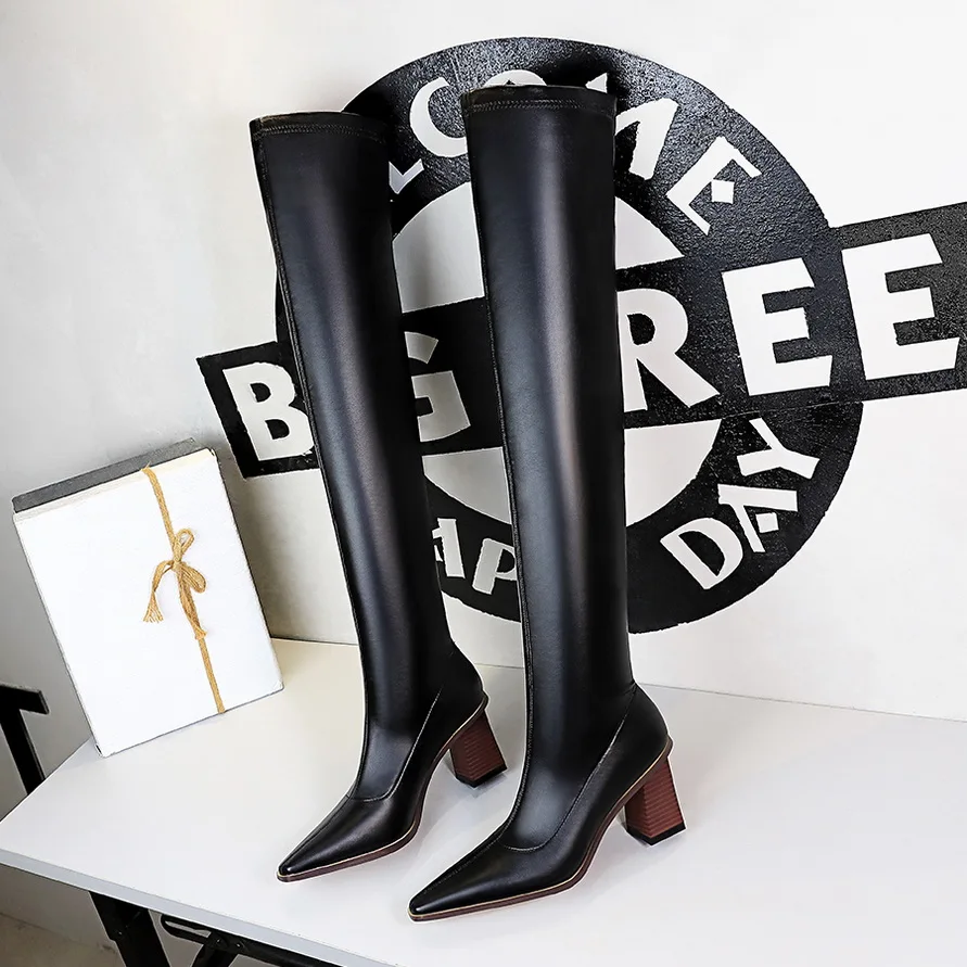 Купи BIGTREE Shoes Sexy Over-the-knee Boots Women Shoes Pointed Toe Leather Boots Wood Grain Thick Heel Long Boots High-Heeled Boots за 1,469 рублей в магазине AliExpress