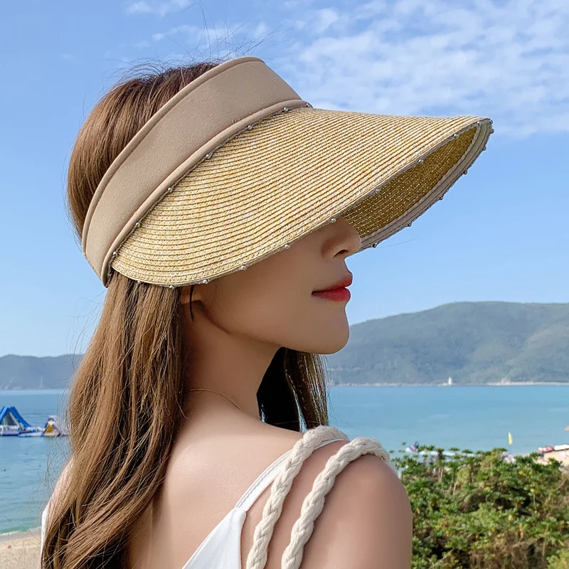 

Straw Hat for Women Bbeach Big Brim Empty Top Sun Cap Foldable Spring and Autumn Small Fresh Hat Summer Anti-ultraviolet Sun Cap