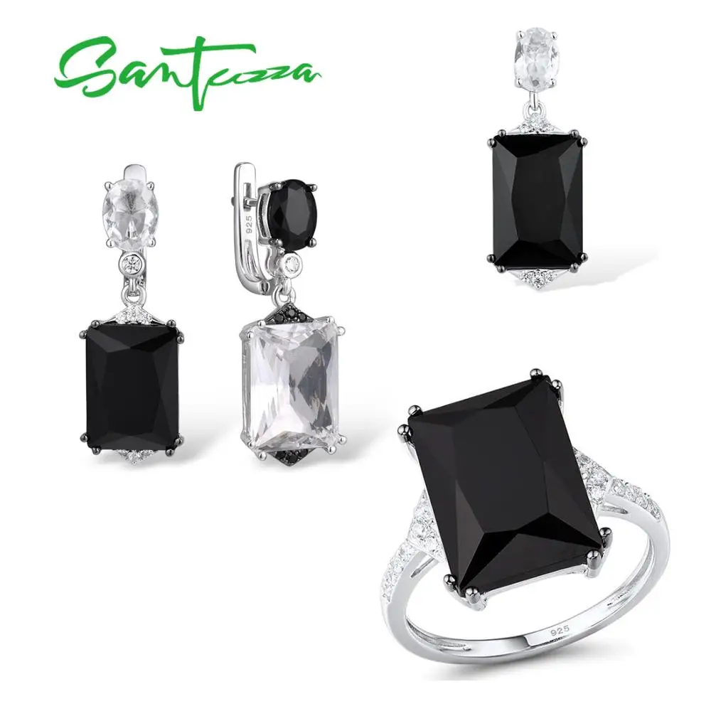 

SANTUZZA Silver Jewelry Set For Women 925 Sterling Silver Shiny Black Glass Earrings Pendant Ring Set Trendy Party Fine Jewelry