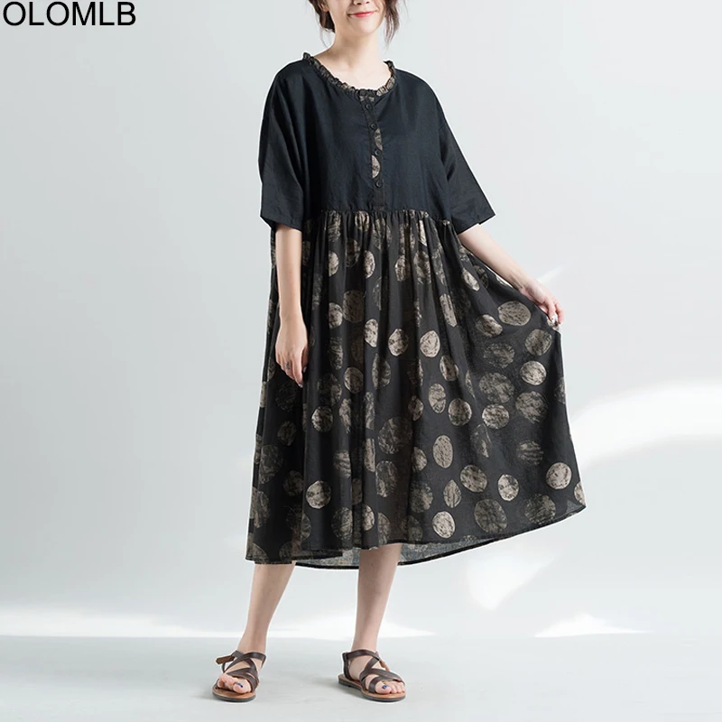 Платье в горошек повседневное хлопковое и льняное с принтом свободные большие