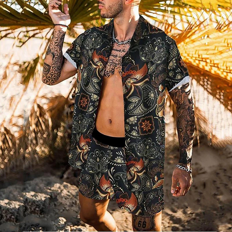 

2XL Men's Hawaiian Print Short Sleeve Shirt Set Beach Print Shorts Men's Daily Beach Shirt Set Two-piece Summer