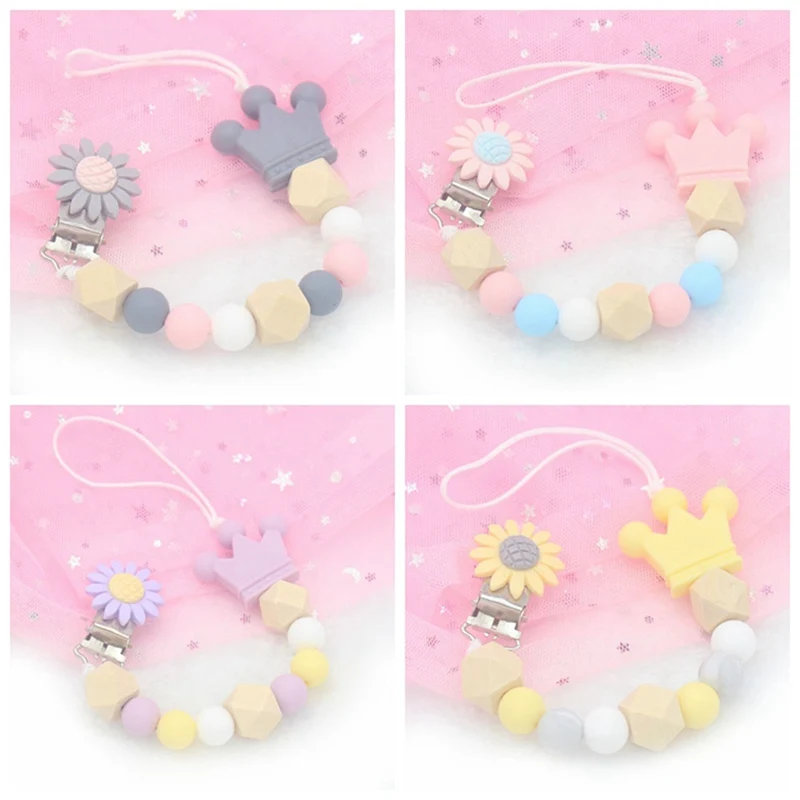 1Pc Crown Sunflower Silicone Beads Baby Pacifier Holder Clip Nipple Dummy Pacifier Chain Infant Silicone Bite Teething Toy