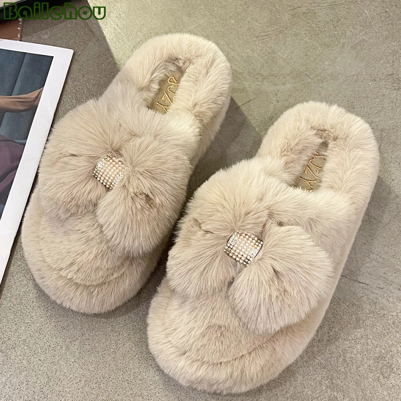 

Ladies Slippers Women Flip Flop 2022 Winter Fur Warm Butterfly-knot Casual Home Flip flops Indoor Round Toe Slides Female Shoes