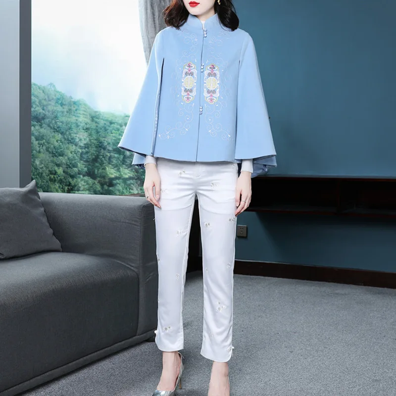 

Новая осенне-зимняя накидка, женское пончо, винтажная шерстяная куртка с вышивкой, женские синие розовые топы, пальто, шерстяная верхняя оде...