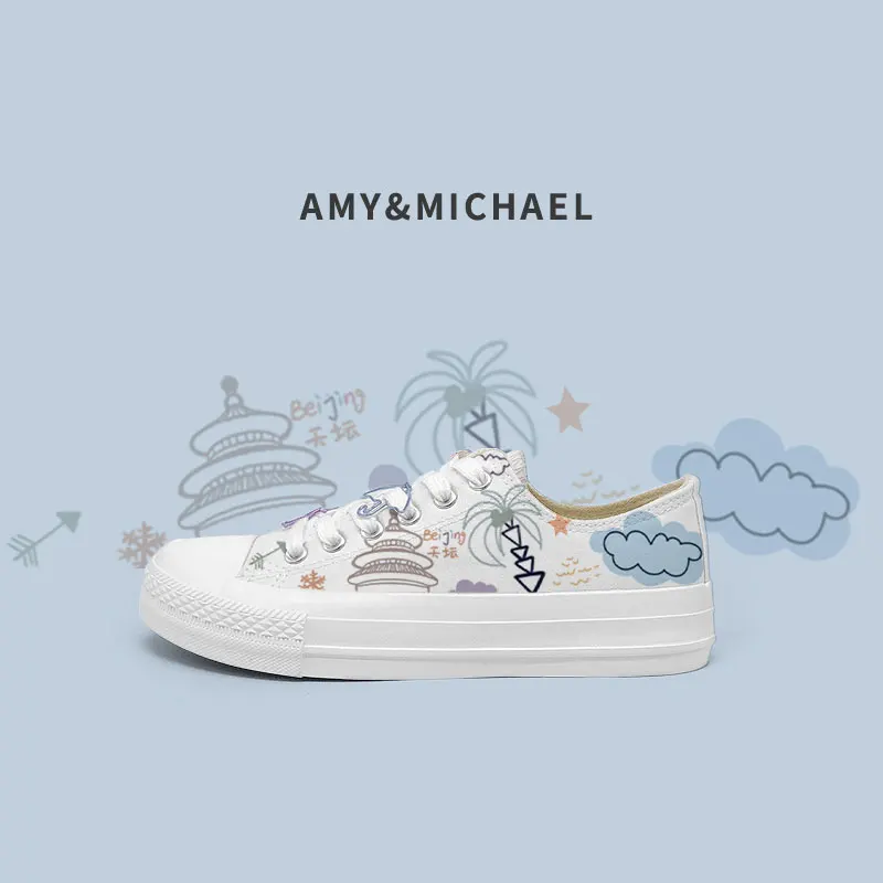 

Amy and Michael 2021 Original Designers Travellers Memory Hand Painted Canvas Shoes Fashion Students Flat Woman Vulcanize Shoes