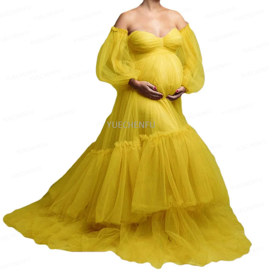 

Yellow Maternity Dress Perspective Sheer Long Illusion Tulle Puffy Dressing Gown Wedding Bridal Robe Pregnancy Photoshoot Dress