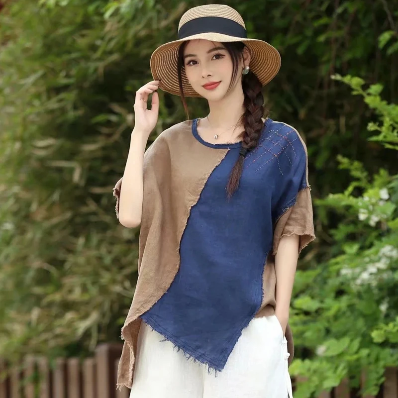 

Max LuLu Summer 2021 Japan Style Women Vintage Linen Spliced Tshirt Ladies Contrast Color Loose Tee Female Casual Tops Plus Size