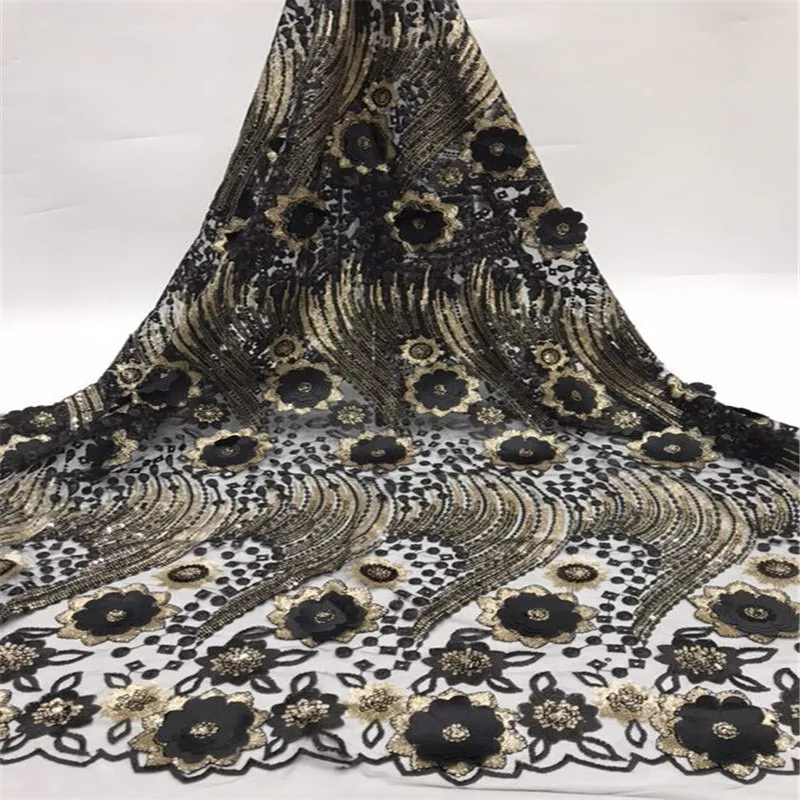 

Sequins Style African Net Lace Elastic Fabrics 3D Flower High Quality Sequined Embroidered Mesh Lace Material Wedding Fabrics