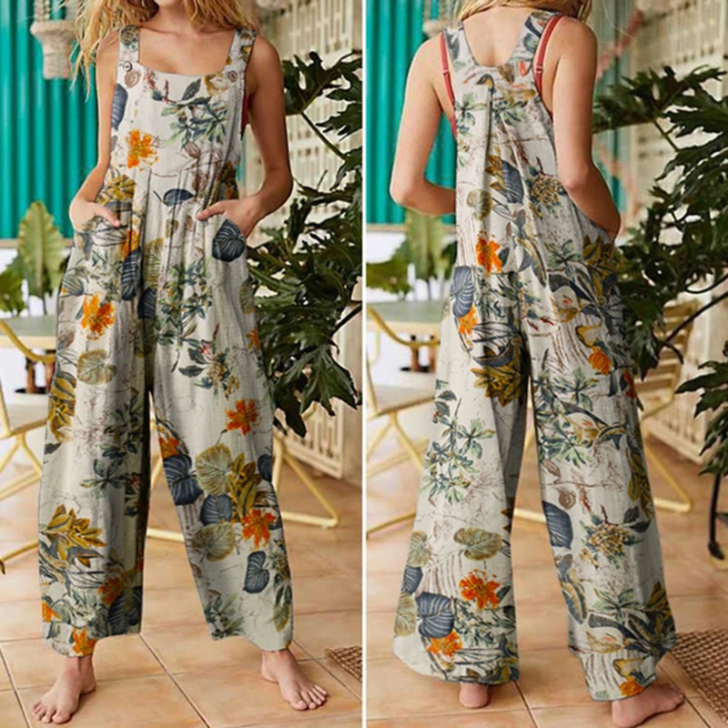 

Flower Print Loose Rompers Women Summer Sleeveless Jumpsuit Casual Rompers Pockets Vintage Female Summer Jumpsuit
