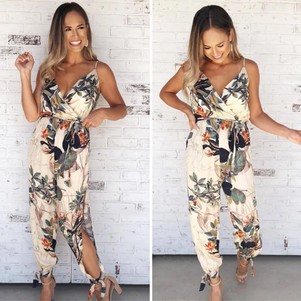 

2021 Women Casual Sleeveless V-Neck Jumpsuits Summer Ladies Boho Floral Print Wide Leg Long Pants Spaghetti Strap Loose Jumpsuit