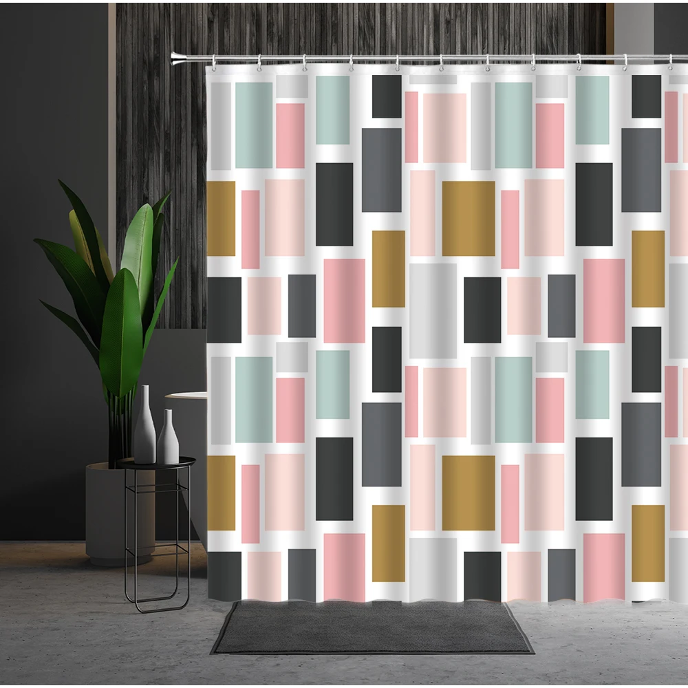 

Shower Curtain Geometry Pattern Stripe Color Block 3D Printing Polyester Fabric Bathroom Decoration Bath Curtains Set With Hook