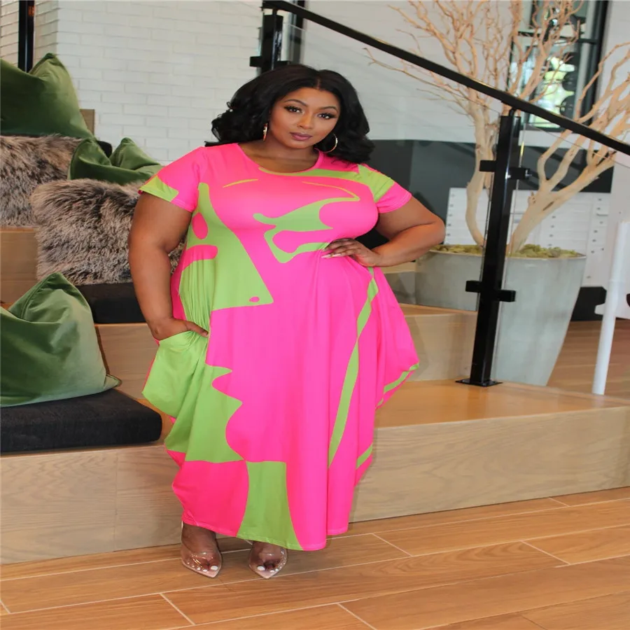 

Plus Size Dresses for Women 4xl 5xl Elegant Geometrical Print Short Sleeve Ankle Length Straight Loose for Party Vestidos 2021
