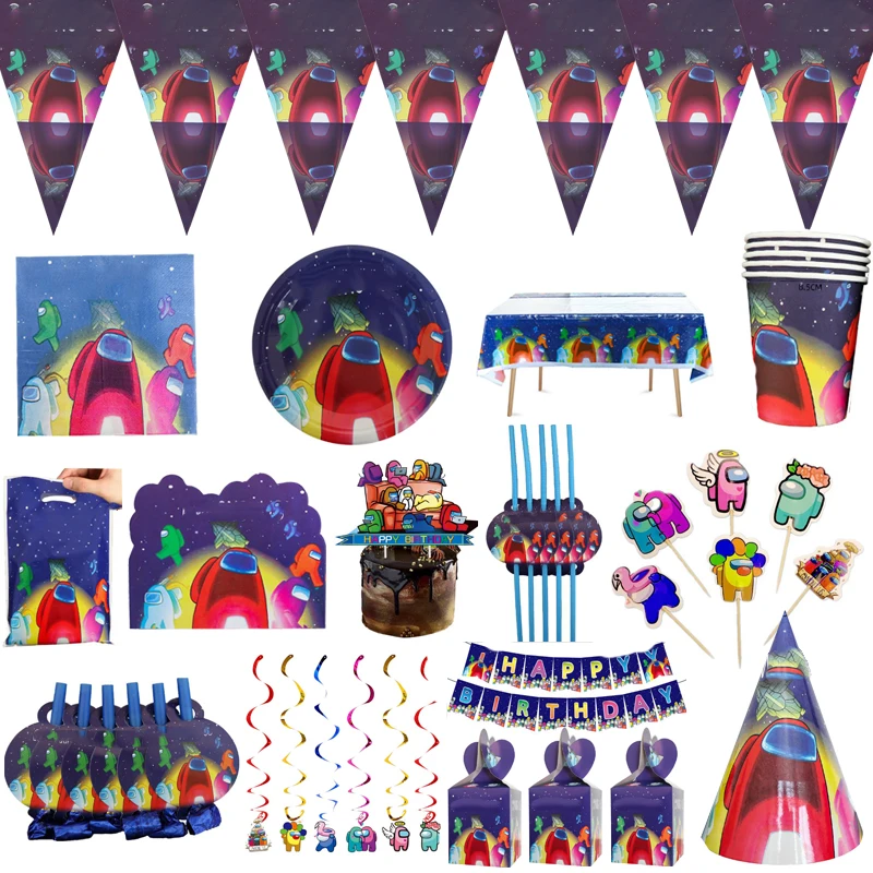 

Among Theme Kids Favors Napkins Tablecloth Gifts Bags Hats Cake Toppers Candy Box Swirls Blowouts Cups Plates Banner 169Pcs/lot
