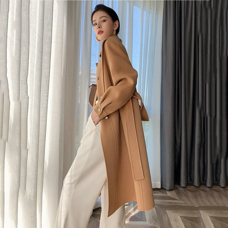 Женское двубортное кашемировое пальто осенне-зимнее шерстяное модная Свободная