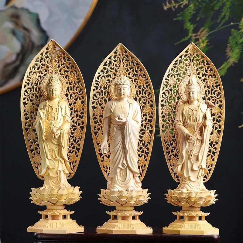 

Estatua de guanyin para decoración del hogar, estatuillas de Buda de madera de tres budas de 29cm, diosa de madera, regalo artes
