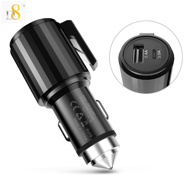 

D8 USB Type-C Car Charger Safety Hammer Seatbelt Cutter Escape Tool Kit Car Quick Charging For iPhone Samsung Xiaomi Huawei